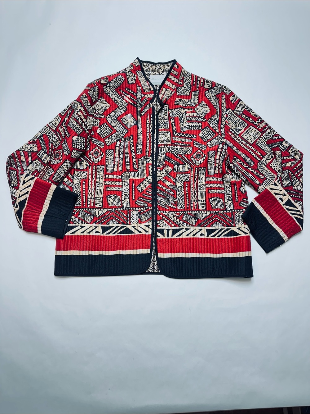 Alfred Dunner Petite 10P Geometric Art to Wear Zip Jacket Red Black Cream